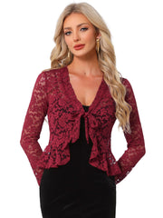 Floral Lace Shrug Tie Front Ruffled Hem Sheer Crop Bolero