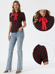 Polka Dot Peter Pan Collar Bow Tie Neck Puff Sleeve Vintage Shirt