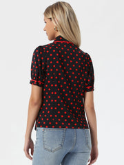 Polka Dot Peter Pan Collar Bow Tie Neck Puff Sleeve Vintage Shirt