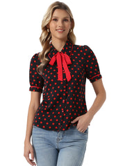 Polka Dot Peter Pan Collar Bow Tie Neck Puff Sleeve Vintage Shirt