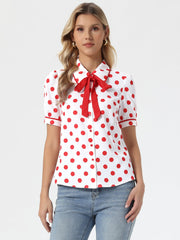 Polka Dot Peter Pan Collar Bow Tie Neck Puff Sleeve Vintage Shirt