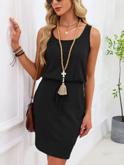 U Neck Sleeveless Drawstring Mini Casual Dress