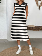 Striped Pocket Collared Sleeveless Midi Dress