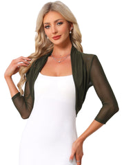 Semi Sheer Mesh Elegant 3/4 Sleeve Stretchy Cropped Bolero Shrugs