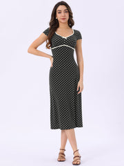 V Neck Cap Sleeve Polka Dots Vintage Midi Dress