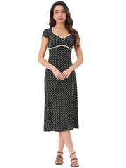 V Neck Cap Sleeve Polka Dots Vintage Midi Dress