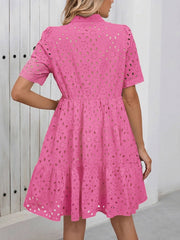 Eyelet Cotton Notch Neck Puff Sleeves Tiered Midi Dress