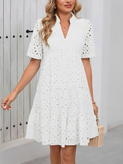 Eyelet Cotton Notch Neck Puff Sleeves Tiered Midi Dress