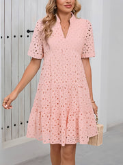 Eyelet Cotton Notch Neck Puff Sleeves Tiered Midi Dress