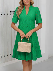 Eyelet Cotton Notch Neck Puff Sleeves Tiered Midi Dress