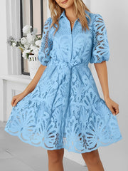 Lace Collared Puff Sleeves Tie Waist Midi Dress