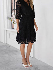 Lace Collared Puff Sleeves Tie Waist Midi Dress