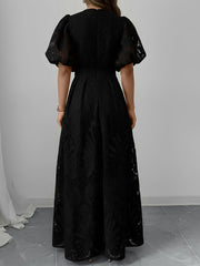 Lace V Neck Puff Sleeves A-Line Maxi Dress