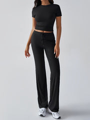 2 Pieces Crew Neck Short Sleeves Cropped Top & Straght Legs Trousers Pants Matching Workout Set