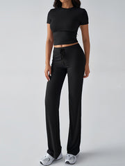 2 Pieces Crew Neck Short Sleeves Cropped Top & Straght Legs Trousers Pants Matching Workout Set