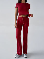 2 Pieces Crew Neck Short Sleeves Cropped Top & Straght Legs Trousers Pants Matching Workout Set