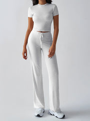2 Pieces Crew Neck Short Sleeves Cropped Top & Straght Legs Trousers Pants Matching Workout Set