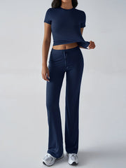 2 Pieces Crew Neck Short Sleeves Cropped Top & Straght Legs Trousers Pants Matching Workout Set