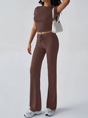 2 Pieces Crew Neck Short Sleeves Cropped Top & Straght Legs Trousers Pants Matching Workout Set