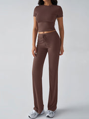 2 Pieces Crew Neck Short Sleeves Cropped Top & Straght Legs Trousers Pants Matching Workout Set