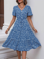 Pocketed Leopard Print Short Sleeve Tiered Dress