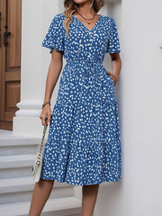 Pocketed Leopard Print Short Sleeve Tiered Dress