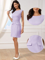 Sleeveless Boat Neck Vintage Houndstooth Work Dress