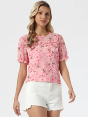 Chiffon Short Sleeve Ruffled Trim Floral Blouse Top