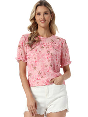 Chiffon Short Sleeve Ruffled Trim Floral Blouse Top