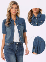 Casual Short Puff Sleeves Button-Down Jean Denim Jacket