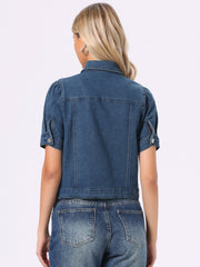 Casual Short Puff Sleeves Button-Down Jean Denim Jacket