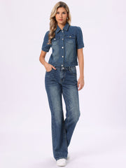 Casual Short Puff Sleeves Button-Down Jean Denim Jacket