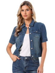 Casual Short Puff Sleeves Button-Down Jean Denim Jacket
