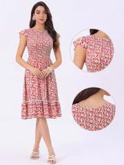 Midi Smocked Cap Short Sleeve Floral Fit and Flare Dress