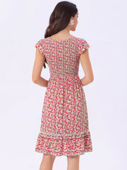 Midi Smocked Cap Short Sleeve Floral Fit and Flare Dress