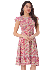 Midi Smocked Cap Short Sleeve Floral Fit and Flare Dress
