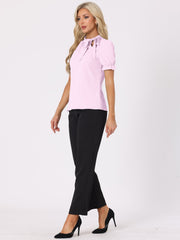 Bow Tie Neck Tops Elegant Office Short Sleeve Blouse
