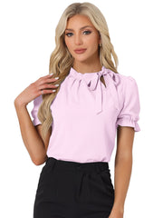 Bow Tie Neck Tops Elegant Office Short Sleeve Blouse