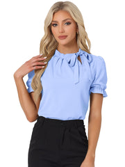 Bow Tie Neck Tops Elegant Office Short Sleeve Blouse