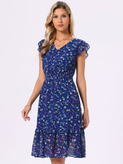 Floral Flutter Sleeve V Neck Smocked Ruffle Dress