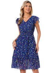 Floral Flutter Sleeve V Neck Smocked Ruffle Dress