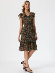 Floral Flutter Sleeve V Neck Smocked Ruffle Dress