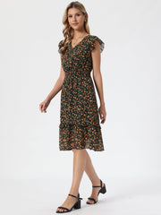 Floral Flutter Sleeve V Neck Smocked Ruffle Dress