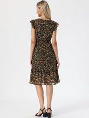 Floral Flutter Sleeve V Neck Smocked Ruffle Dress