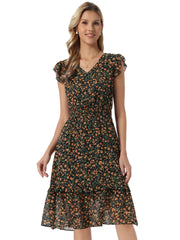 Floral Flutter Sleeve V Neck Smocked Ruffle Dress