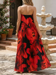 Strapless Pleated Backless Floral Maxi Event Dress