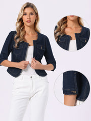 Denim Collarless Pockets 3/4 Sleeve Feminine Style Jacket