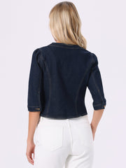 Denim Collarless Pockets 3/4 Sleeve Feminine Style Jacket