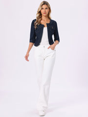 Denim Collarless Pockets 3/4 Sleeve Feminine Style Jacket