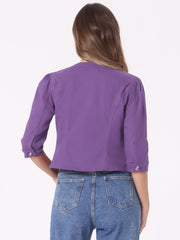 Denim Collarless Pockets 3/4 Sleeve Feminine Style Jacket